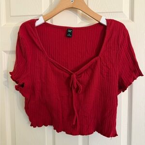 SHEIN Red Ribbed Crop Top with Tie-Front